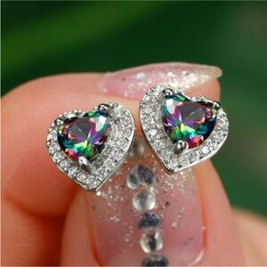 New Beautiful Sterling Silver White Sapphire Mystic Topaz Heart Studs
